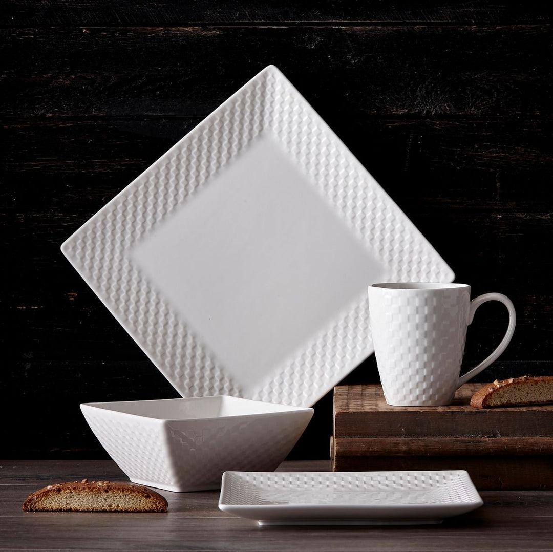 Trudeau - Basketweave Square Fine Porcelain, 16 Pc Dinnerware Set