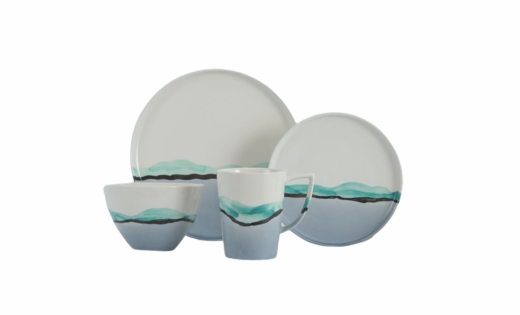 Vikko Classic - Wave Green/Blue, Fine Porcelain 16 Pc Dinnerware Set, Service For 4