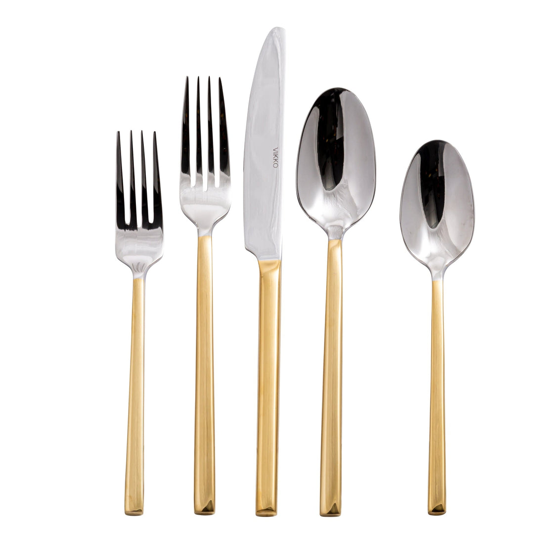 Vikko Crown - Sapphire Square, Gold Handle 18/10 SS, Flatware, 20 Pc Set