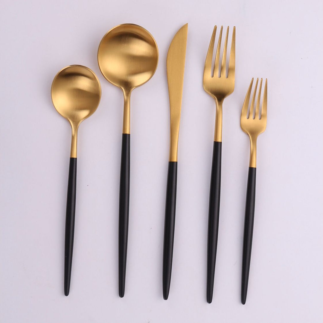 Vikko Dine - Vera, Two Tone Brushed Black And Gold, 18/10 Flatware, 20 Pc Set