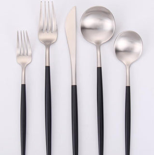 Vikko Dine - Vera, Two Tone Brushed Black And Silver, 18/10 Flatware, 20 Pc Set