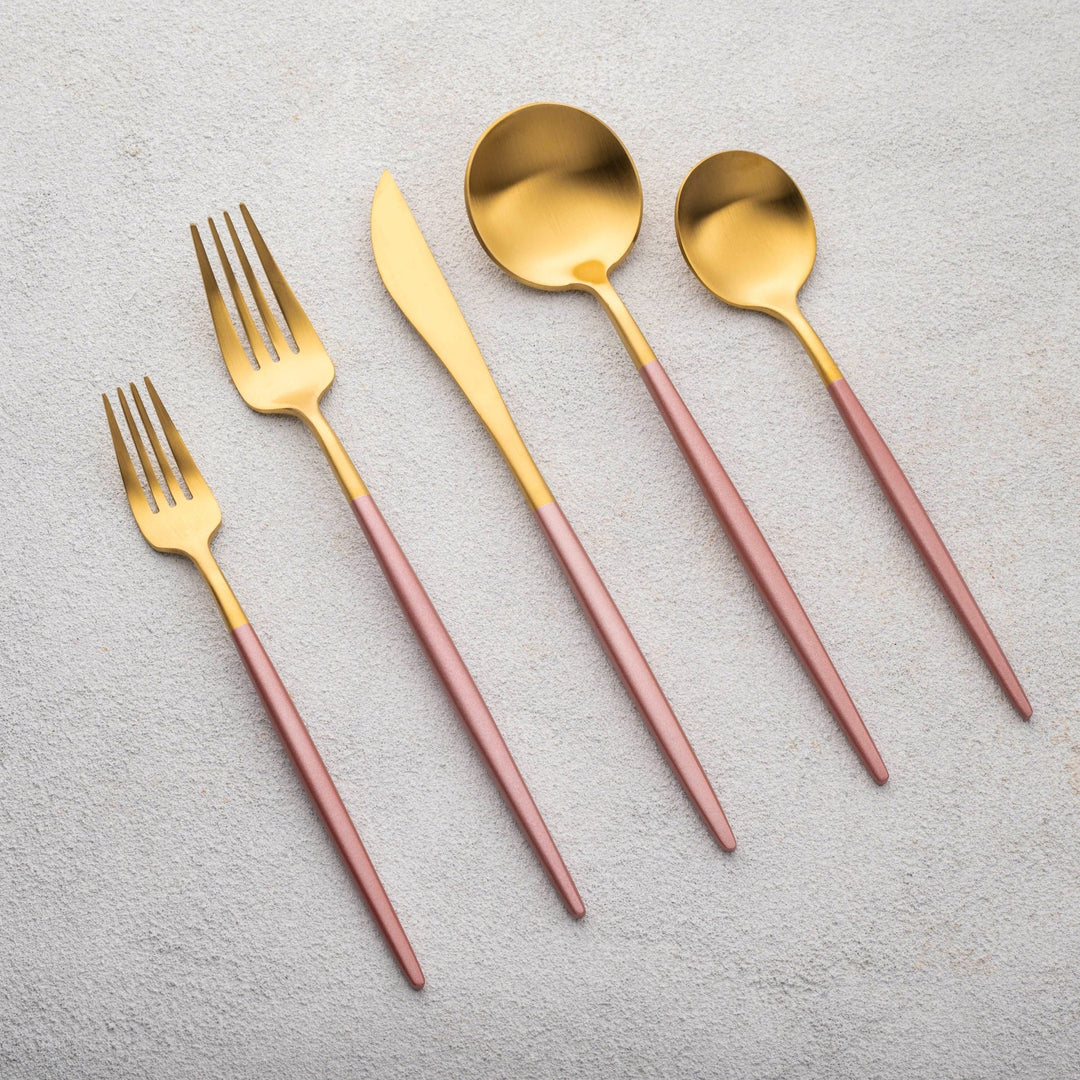 Vikko - Dine, Vera, Brushed Gold with Pink Handle, 18/10 SS, 20 Pc Flatware Set