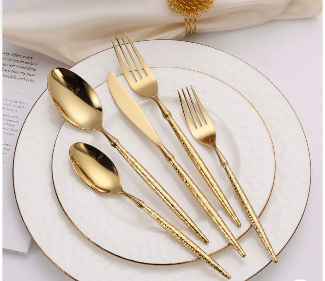 20 Pc Flatware Set Gold with Hammered Handles