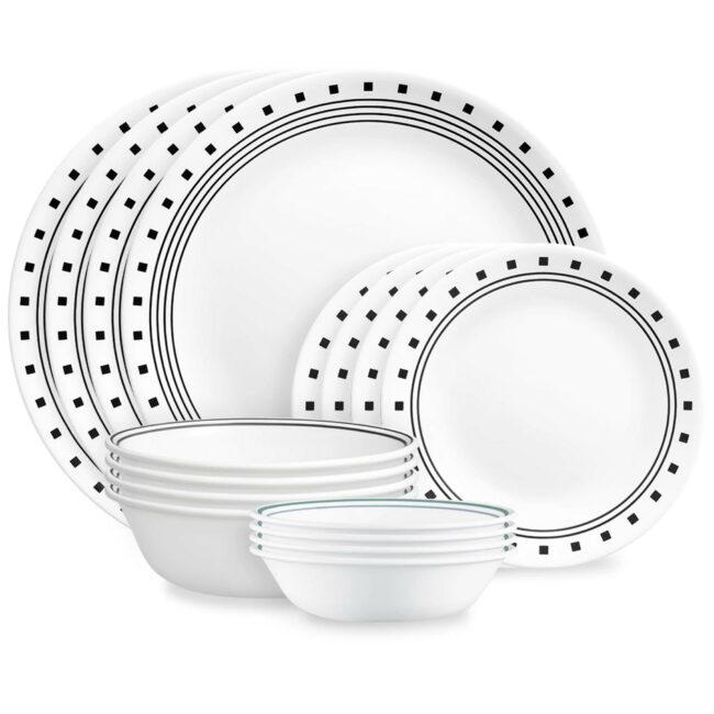 World Kitchen Corelle 16 Piece Livingware City Block Dinnerware Set, Black