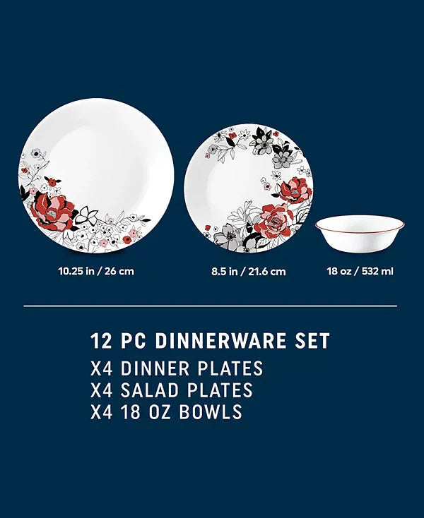 Corelle Dinnerware Vitrelle Chelsea Rose 12 Pc. Dinnerware Set, Service for 4
