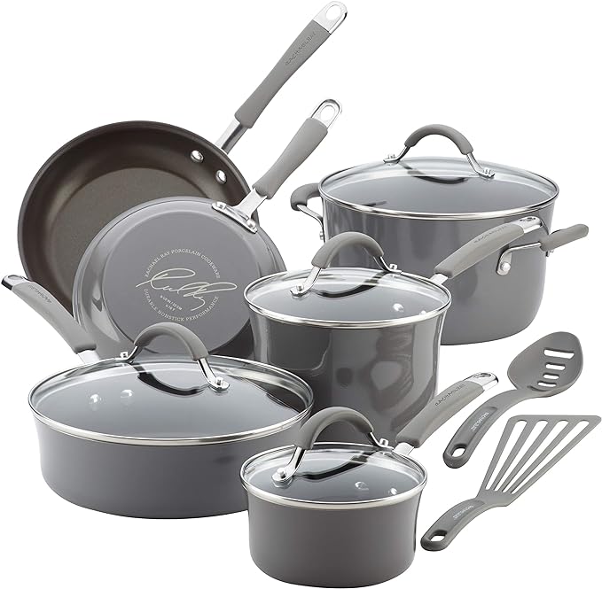 Rachael Ray Cucina Nonstick Cookware Pots and Pans Set, 12 Piece, Sea Salt Gray