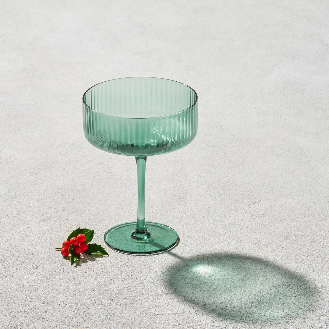 Vikko - Malibu, Ribbed Coupe Champagne Glass, Green, 10 oz