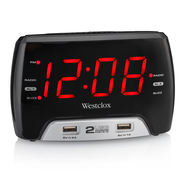 Westclox Large 1.4” red LED Digital FM Clock Radio 2 USB Charging Port with Fast Charge